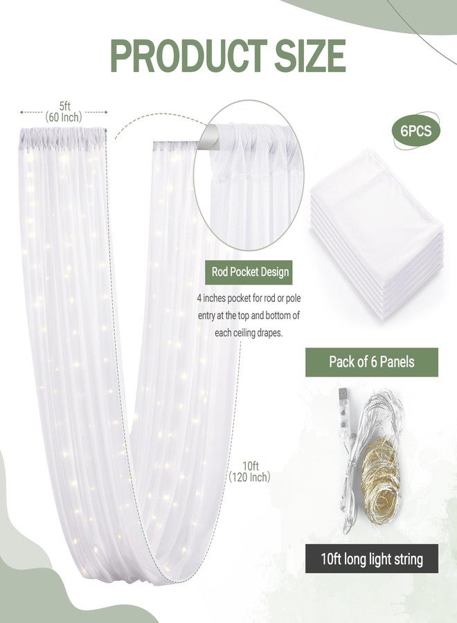 Shillance 6 Panels White Ceiling Drapes with Lights String for Wedding Ceiling Drapes 5ftx10ft Wedding Draping Fabric Sheer Curtains Tulle Ceiling Drapery Wedding Decorations for Home Party Ceremony Stage Swag - Image 5