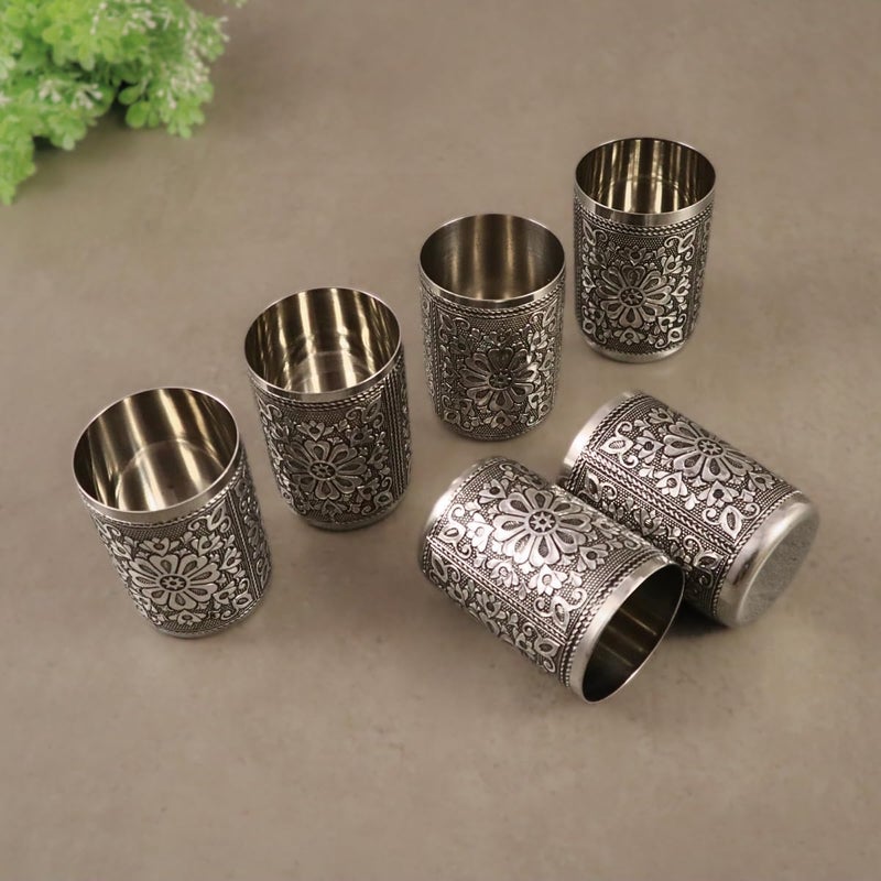 Giftguys Stainless Steel Oxidised Floral Design Decorative WaterJuice Glass Set for HomeReturn Gift Traditional Indian Style Set of 6 GlassTumbler Silver Color 250 ml - Image 2