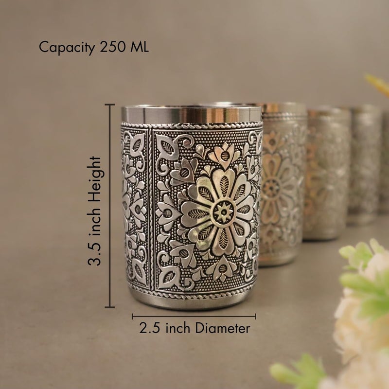 Giftguys Stainless Steel Oxidised Floral Design Decorative WaterJuice Glass Set for HomeReturn Gift Traditional Indian Style Set of 6 GlassTumbler Silver Color 250 ml - Image 5