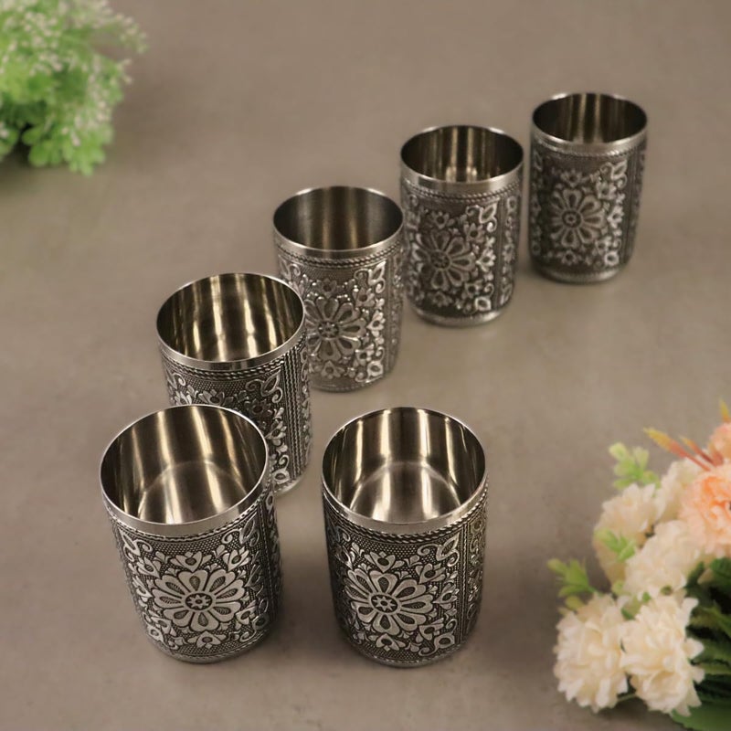 Giftguys Stainless Steel Oxidised Floral Design Decorative WaterJuice Glass Set for HomeReturn Gift Traditional Indian Style Set of 6 GlassTumbler Silver Color 250 ml - Image 3