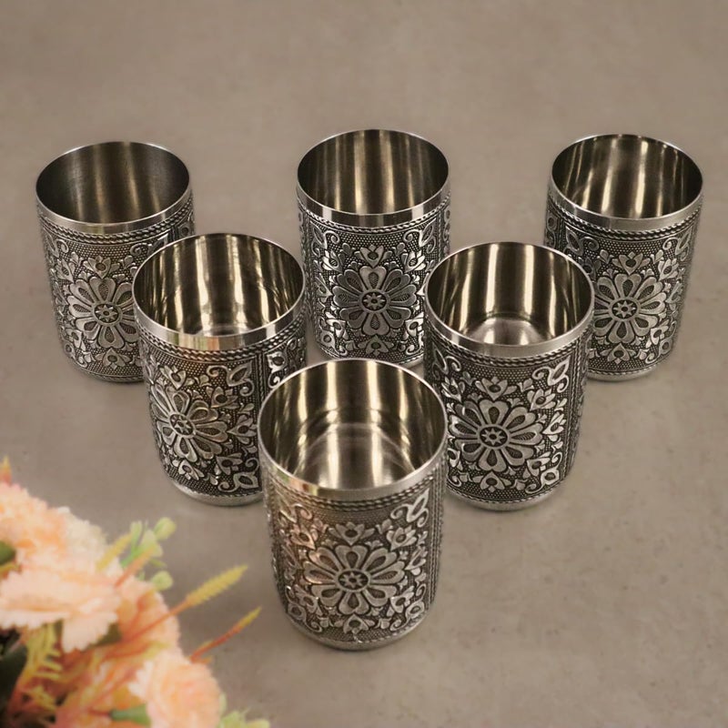 Giftguys Stainless Steel Oxidised Floral Design Decorative WaterJuice Glass Set for HomeReturn Gift Traditional Indian Style Set of 6 GlassTumbler Silver Color 250 ml - Image 1