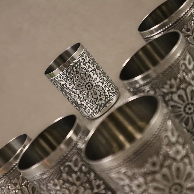 Giftguys Stainless Steel Oxidised Floral Design Decorative WaterJuice Glass Set for HomeReturn Gift Traditional Indian Style Set of 6 GlassTumbler Silver Color 250 ml - Image 4
