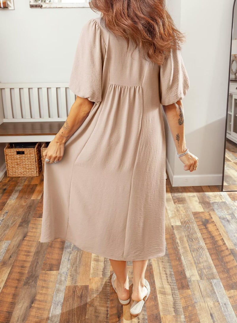 Dokotoo Womens 2026 Casual Dresses V Neck Short Sleeve Empire Waist A-Line Long Dresses for Women Spring Dress Oatmeal XX-Large - Image 3