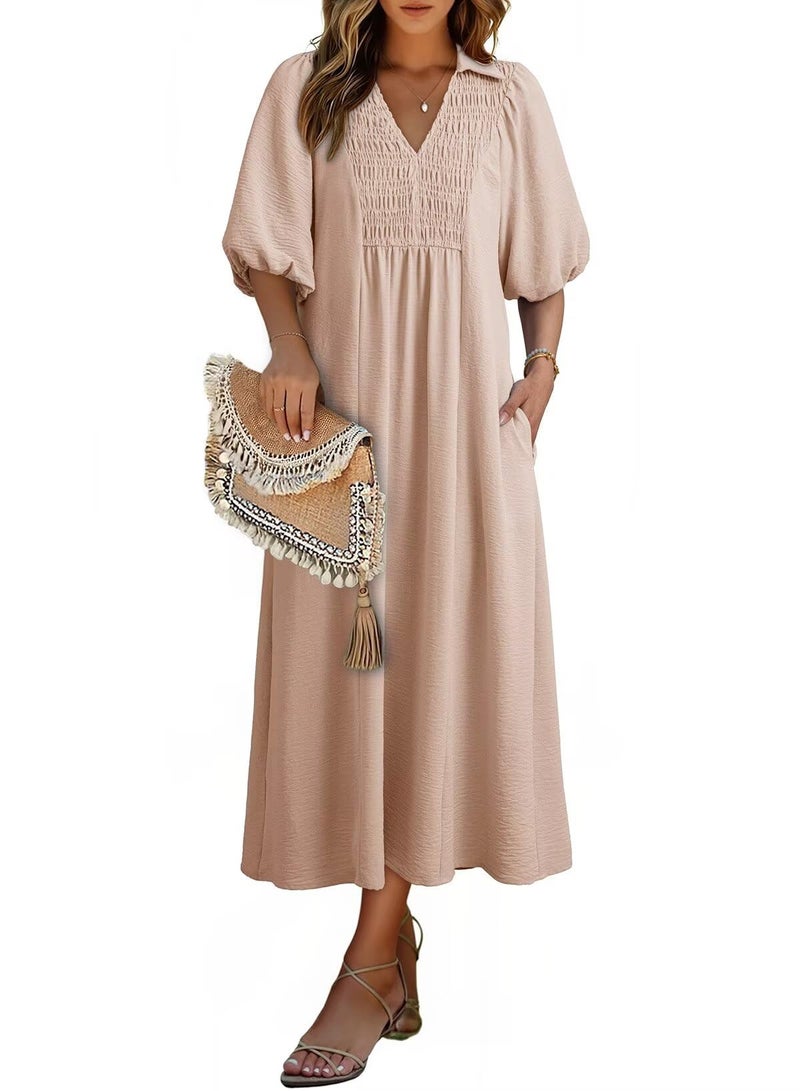 Dokotoo Womens 2026 Casual Dresses V Neck Short Sleeve Empire Waist A-Line Long Dresses for Women Spring Dress Oatmeal XX-Large - Image 1