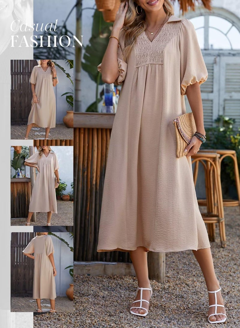 Dokotoo Womens 2026 Casual Dresses V Neck Short Sleeve Empire Waist A-Line Long Dresses for Women Spring Dress Oatmeal XX-Large - Image 4