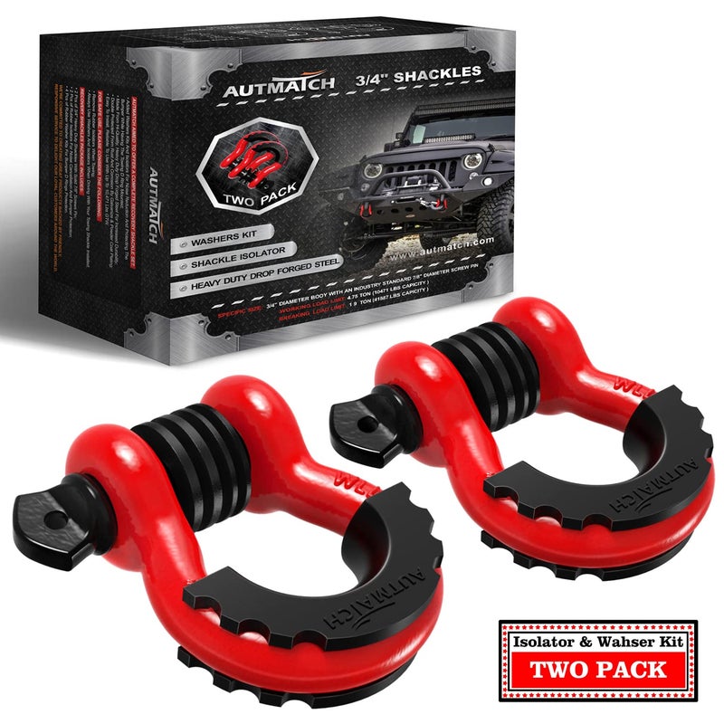 AUTMATCH D Ring Shackle 34 Shackles 2 Pack 41887Ibs Break Strength Clevis Shackle with 78 Screw Pin and Shackle Isolator Washers Kit for Tow Strap Winch Off Road Vehicle Recovery Red Black