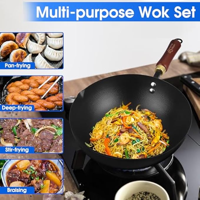Souped Up Recipes مقلاة ووك من الفولاذ الكربوني مقاس 10 بوصات للمواقد الكهربائية والغازية مع غطاء ودليل مستخدم فيديو متضمن - Image 3