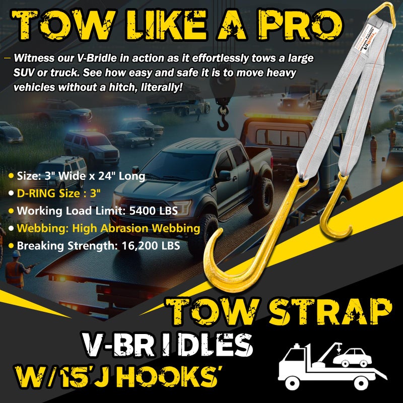 FITHOIST Tow Straps V Bridle w/ 15'' J Hooks | 3" x 24'' Recovery V Strap for Car Hauler, Wrecker Rollback | 5400 lbs Working Load | Heavy Duty Tow Straps with Hooks for Towing and Recovery - Image 2