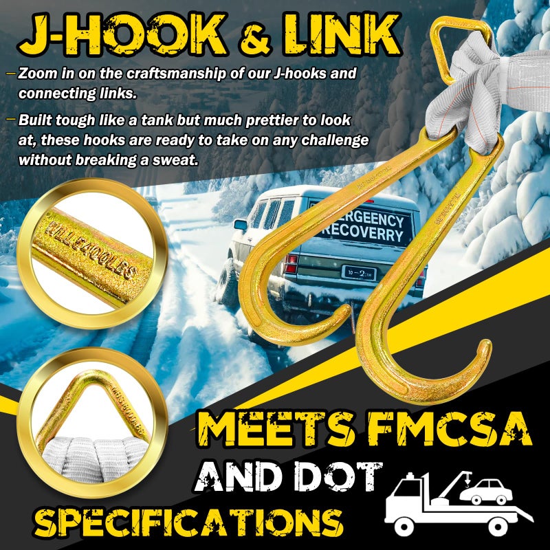 FITHOIST Tow Straps V Bridle w/ 15'' J Hooks | 3" x 24'' Recovery V Strap for Car Hauler, Wrecker Rollback | 5400 lbs Working Load | Heavy Duty Tow Straps with Hooks for Towing and Recovery - Image 4