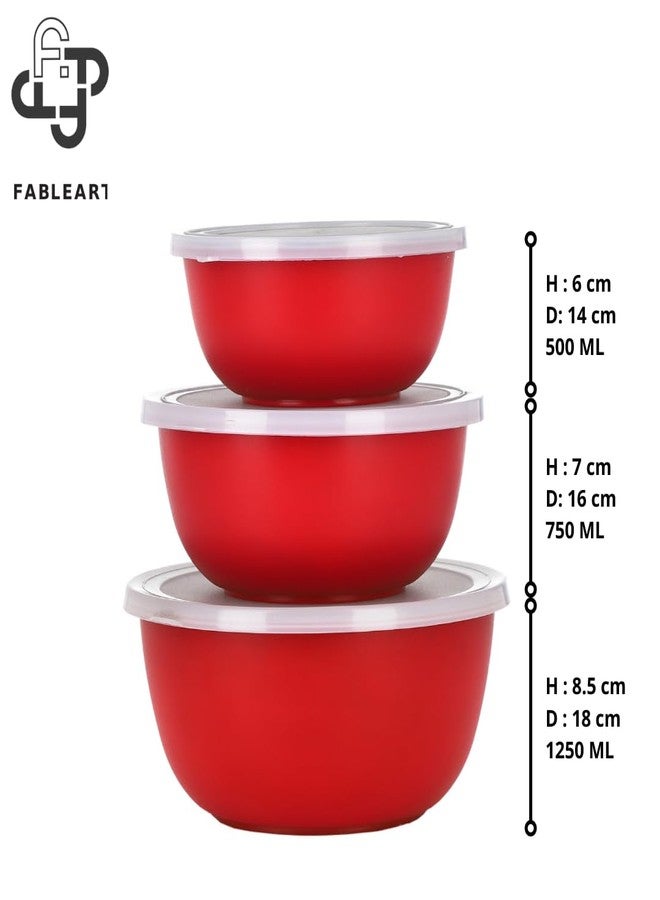 Fableart Microwave Safe Stainless Steel Kitchen Food Storage Containers, Mixing Bowl Set With Airtight Plastic Lids, Set Of 3 Pcs (500, 750, 1250 ML) (Red , Solid) - Image 3
