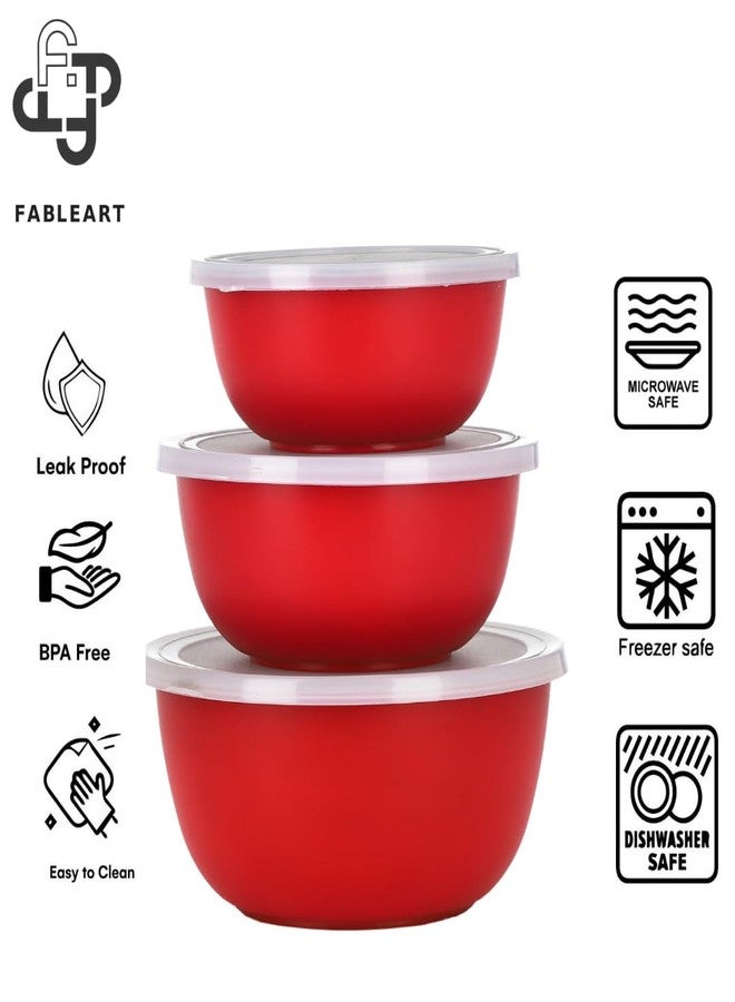 Fableart Microwave Safe Stainless Steel Kitchen Food Storage Containers, Mixing Bowl Set With Airtight Plastic Lids, Set Of 3 Pcs (500, 750, 1250 ML) (Red , Solid) - Image 2
