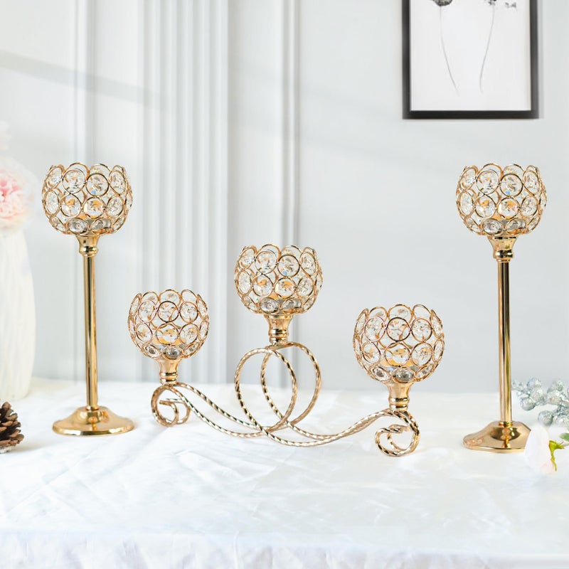 kolnlala Gold 5 Arm Metal Crystal Tea Light Candle Holder, Elegant Wedding Table Centerpiece, Christmas Wishing Bowl Candle Holder - Image 1