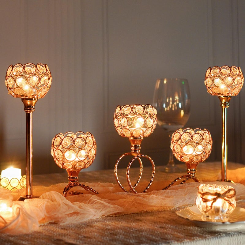 kolnlala Gold 5 Arm Metal Crystal Tea Light Candle Holder, Elegant Wedding Table Centerpiece, Christmas Wishing Bowl Candle Holder - Image 5