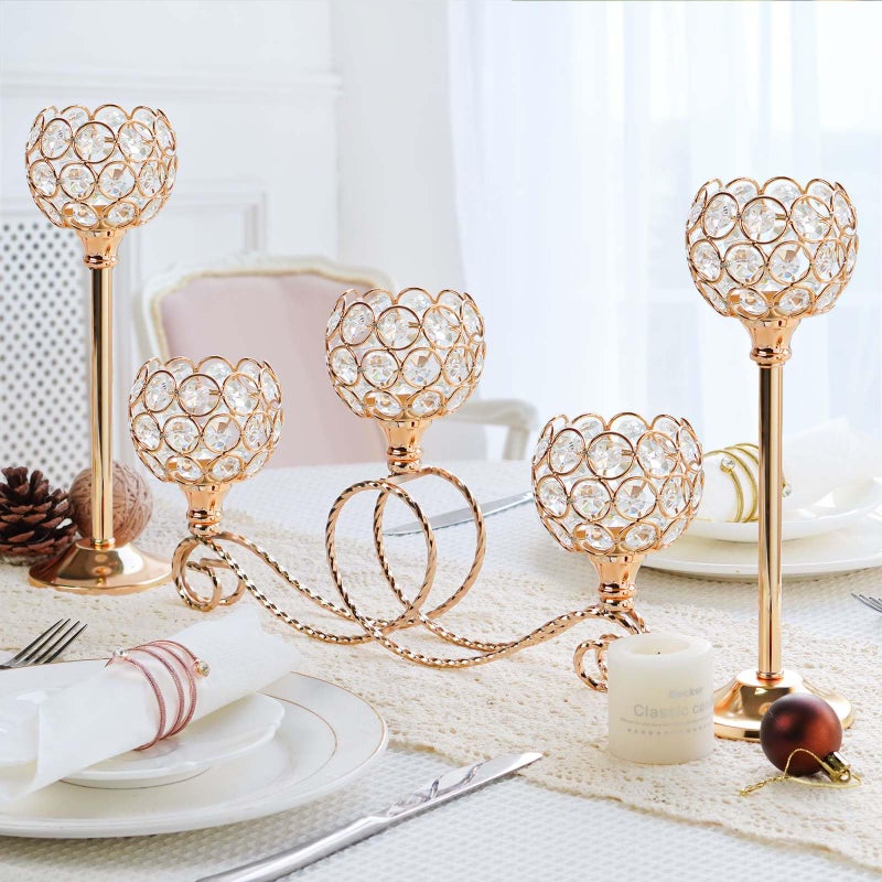 kolnlala Gold 5 Arm Metal Crystal Tea Light Candle Holder, Elegant Wedding Table Centerpiece, Christmas Wishing Bowl Candle Holder - Image 4