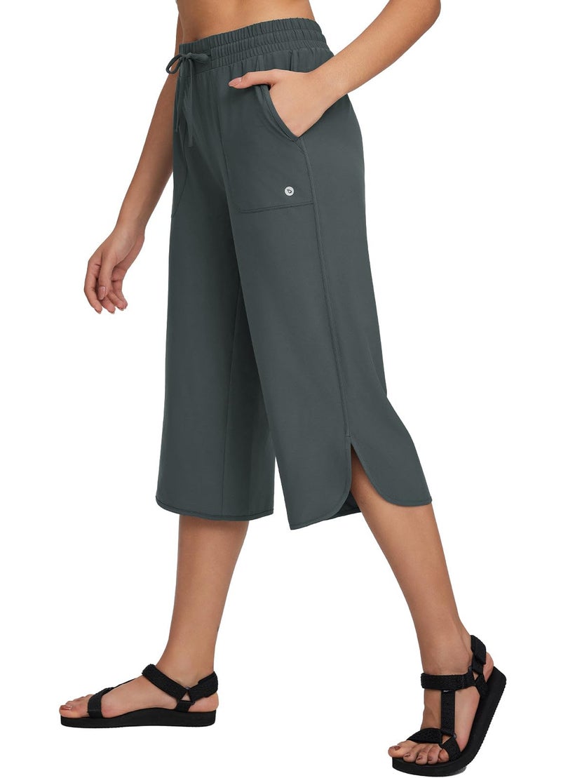 baleaf Womens Hiking Capri Pants UPF 50 Quick Dry Lightweight 4Way Stretch Wide Leg Summer Travel Walking Plus Size Dark Gray L - Image 2