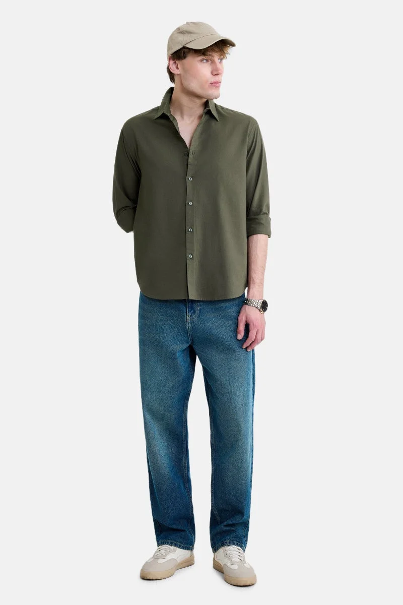 سنيتش Olive Solid Long Sleeve Regular Fit Shirt