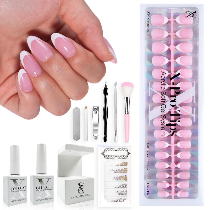 SXC Cosmetics French Tip Press On Nails Pink Series, Short Almond X-Pro Tips - Image 1