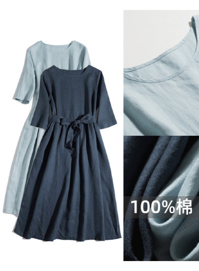 XINYANG Pure Cotton Short-sleeve Dress 2025 Summer Basic Round Neckline mid-length Sleeves With Tie Waist flared Maxi Dress - Image 1