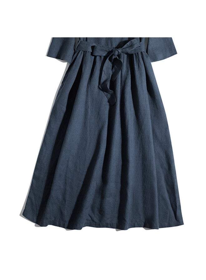 XINYANG Pure Cotton Short-sleeve Dress 2025 Summer Basic Round Neckline mid-length Sleeves With Tie Waist flared Maxi Dress - Image 5