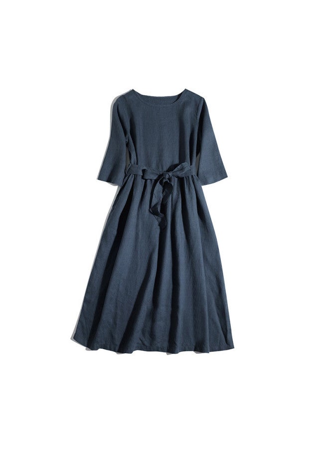 XINYANG Pure Cotton Short-sleeve Dress 2025 Summer Basic Round Neckline mid-length Sleeves With Tie Waist flared Maxi Dress - Image 3