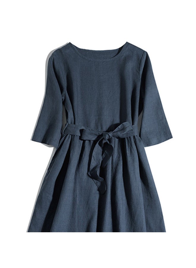 XINYANG Pure Cotton Short-sleeve Dress 2025 Summer Basic Round Neckline mid-length Sleeves With Tie Waist flared Maxi Dress - Image 4