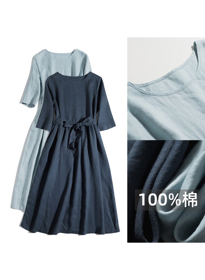 XINYANG Pure Cotton Short-sleeve Dress 2025 Summer Basic Round Neckline mid-length Sleeves With Tie Waist flared Maxi Dress - Image 2
