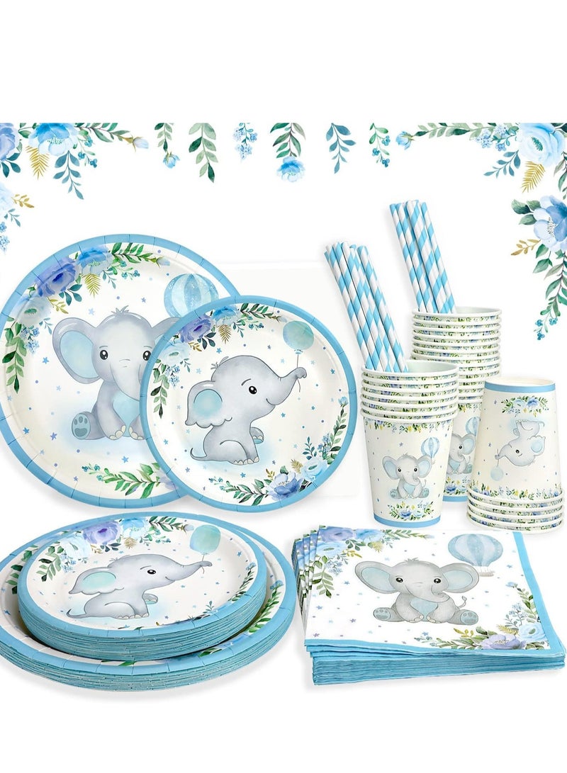 SYOSI Boy Elephant Baby Shower Plates Set Decorations for 16 Guests,Paper Plate Napkins Cups and Straws Disposable Tableware Blue Floral Theme Birthday Party Supplies - Image 1