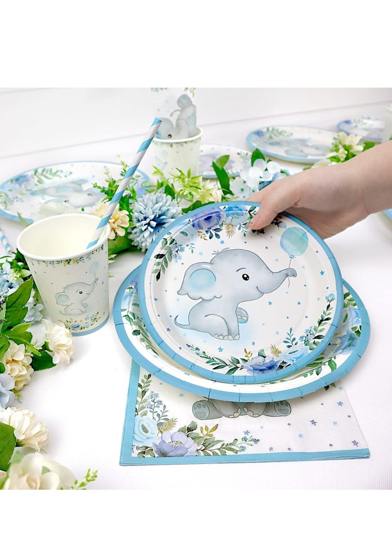 SYOSI Boy Elephant Baby Shower Plates Set Decorations for 16 Guests,Paper Plate Napkins Cups and Straws Disposable Tableware Blue Floral Theme Birthday Party Supplies - Image 5