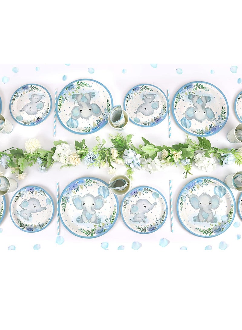 SYOSI Boy Elephant Baby Shower Plates Set Decorations for 16 Guests,Paper Plate Napkins Cups and Straws Disposable Tableware Blue Floral Theme Birthday Party Supplies - Image 4