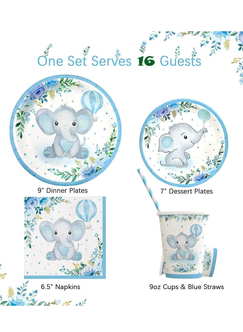 SYOSI Boy Elephant Baby Shower Plates Set Decorations for 16 Guests,Paper Plate Napkins Cups and Straws Disposable Tableware Blue Floral Theme Birthday Party Supplies - Image 2