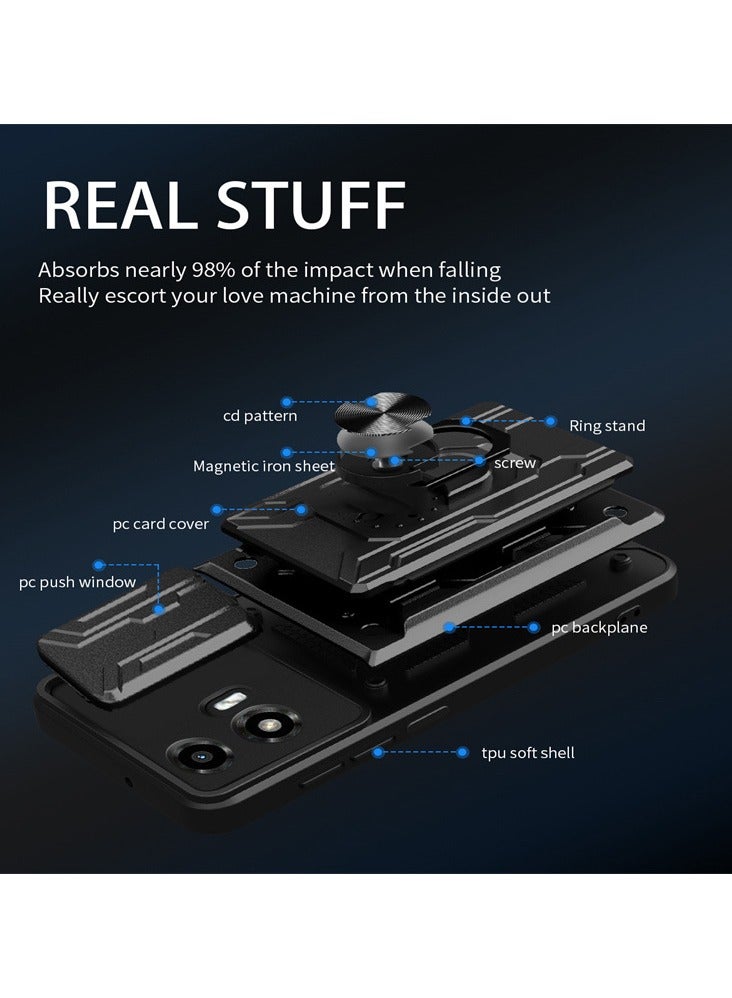 for Motorola G05/E15 Case, Card Holder  Slide Camera Lens Cover, Magnetic Ring Holder Kickstand Protective Phone Case for Motorola G05/E15, Black  - Image 3