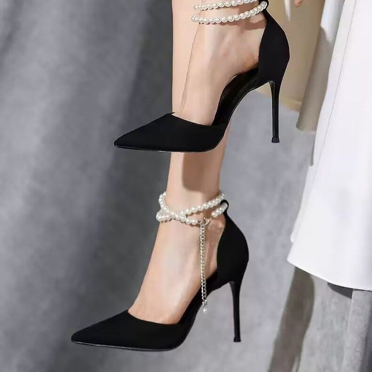 Pointed Stiletto Heels Women'S Black Suede Pearl Buckle Sandals Women'S Shoes All-Match Single-Layer Shoes - Image 4