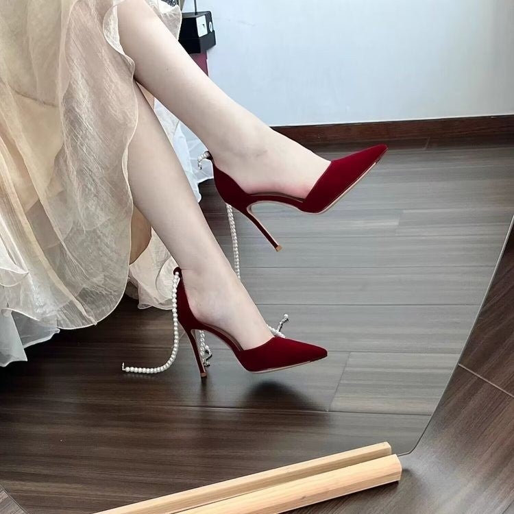 Pointed Stiletto Heels Women'S Black Suede Pearl Buckle Sandals Women'S Shoes All-Match Single-Layer Shoes - Image 3