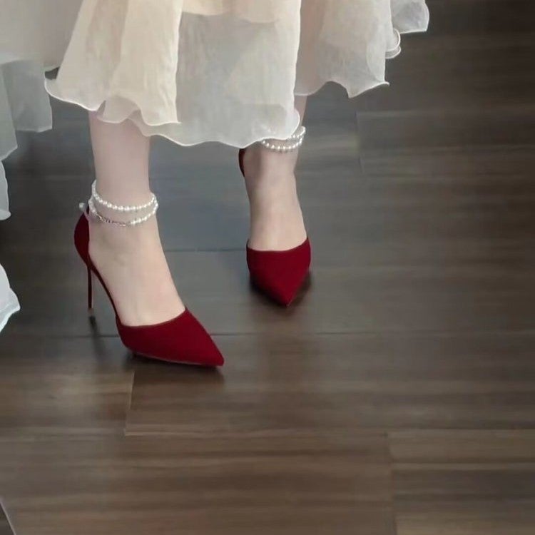 Pointed Stiletto Heels Women'S Black Suede Pearl Buckle Sandals Women'S Shoes All-Match Single-Layer Shoes - Image 5