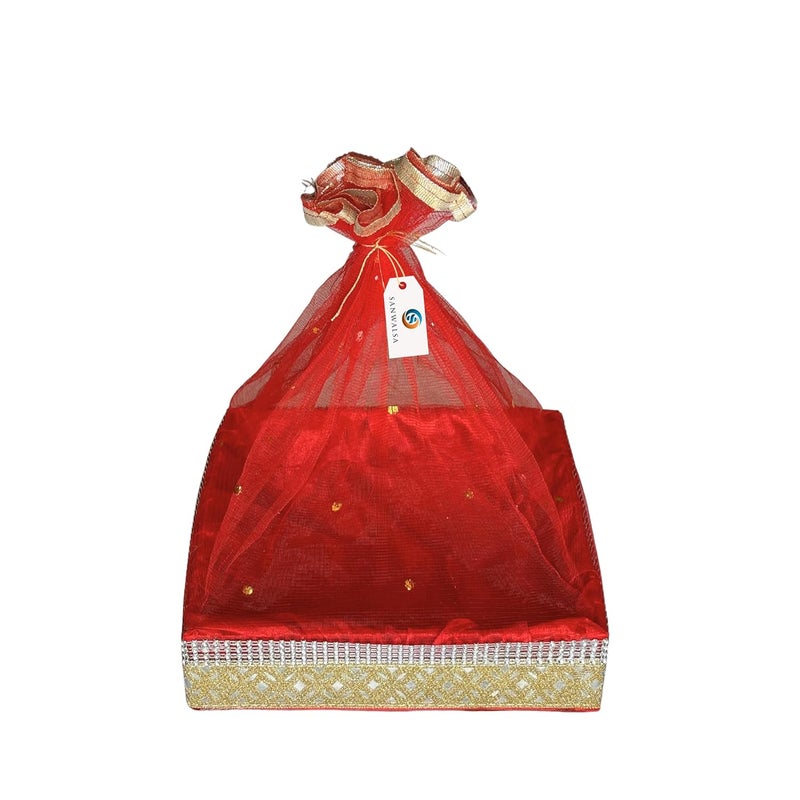 SANWALSA (Large, 12x12x2 inch, Square, Red-Stone Lace) MDF Base Designer Gift Hamper Packaging Baskets with Net Cover, Gift Hamper Organiser Perfect for Any Occasion - Image 1