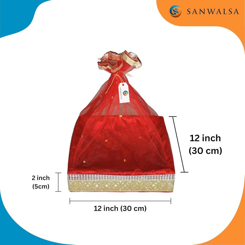 SANWALSA (Large, 12x12x2 inch, Square, Red-Stone Lace) MDF Base Designer Gift Hamper Packaging Baskets with Net Cover, Gift Hamper Organiser Perfect for Any Occasion - Image 2