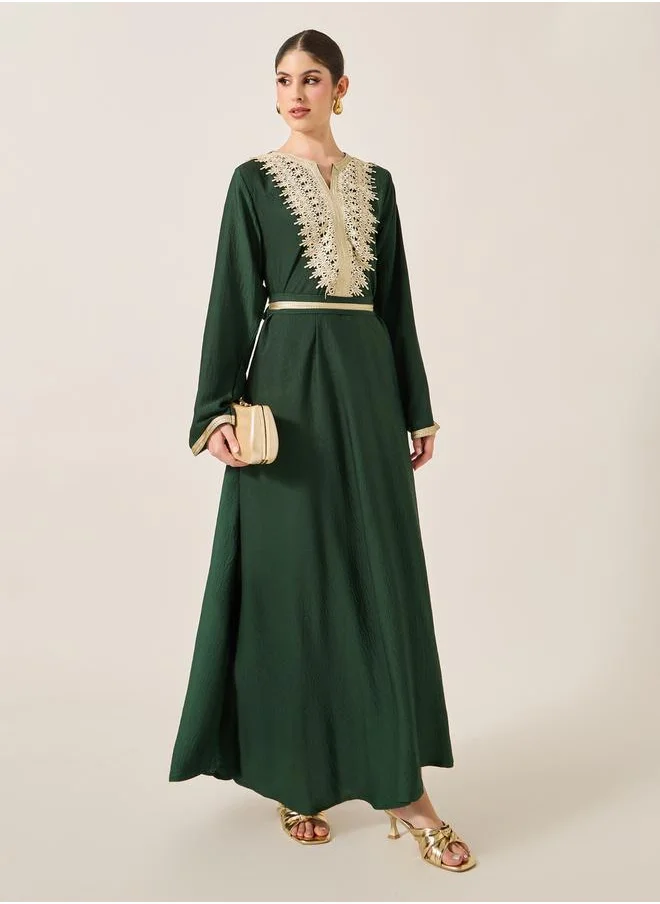 Styli Lace Insert Notch Neck Belted Flared Jalabyia