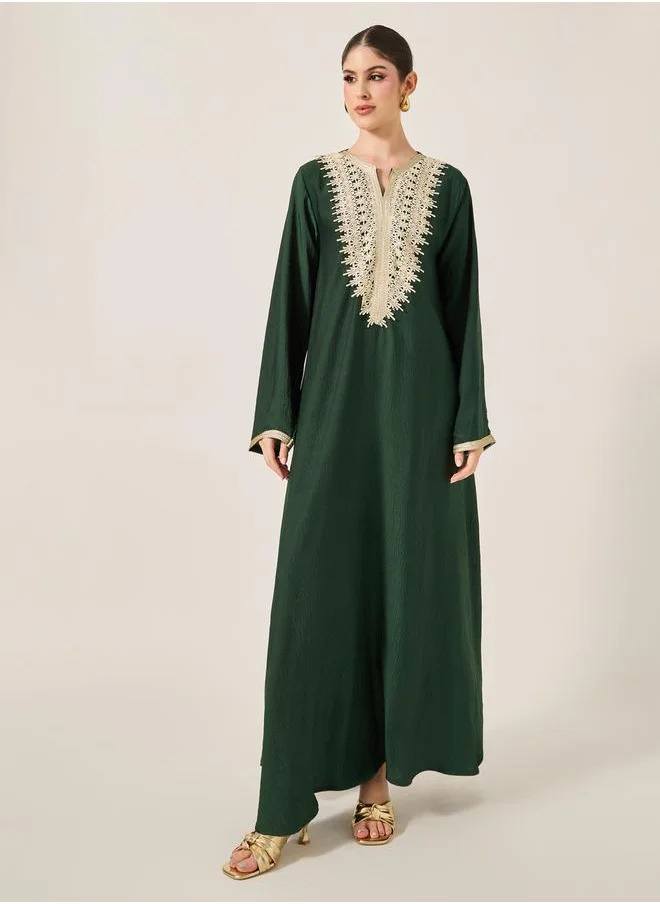 Styli Lace Insert Notch Neck Belted Flared Jalabyia