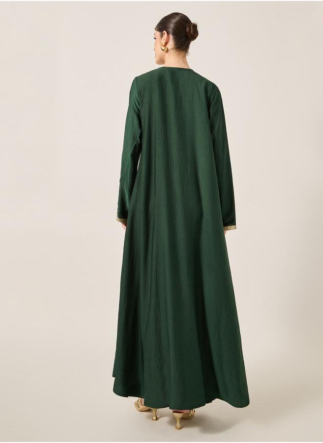 Styli Lace Insert Notch Neck Belted Flared Jalabyia  - Image 5