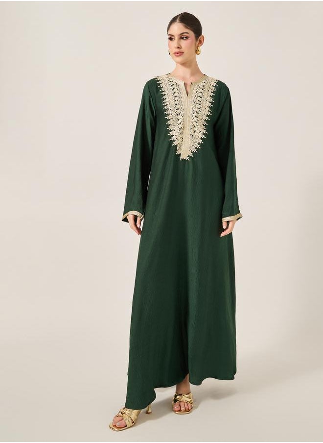 Styli Lace Insert Notch Neck Belted Flared Jalabyia  - Image 2