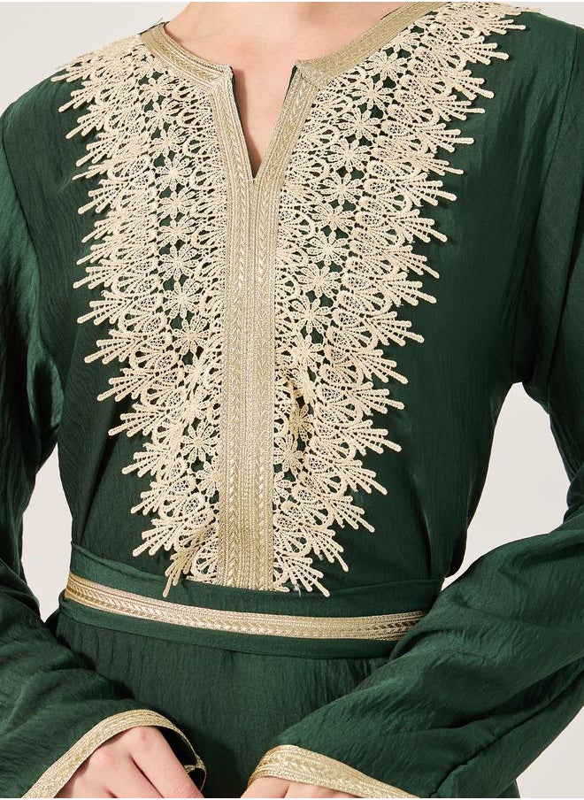 Styli Lace Insert Notch Neck Belted Flared Jalabyia  - Image 3