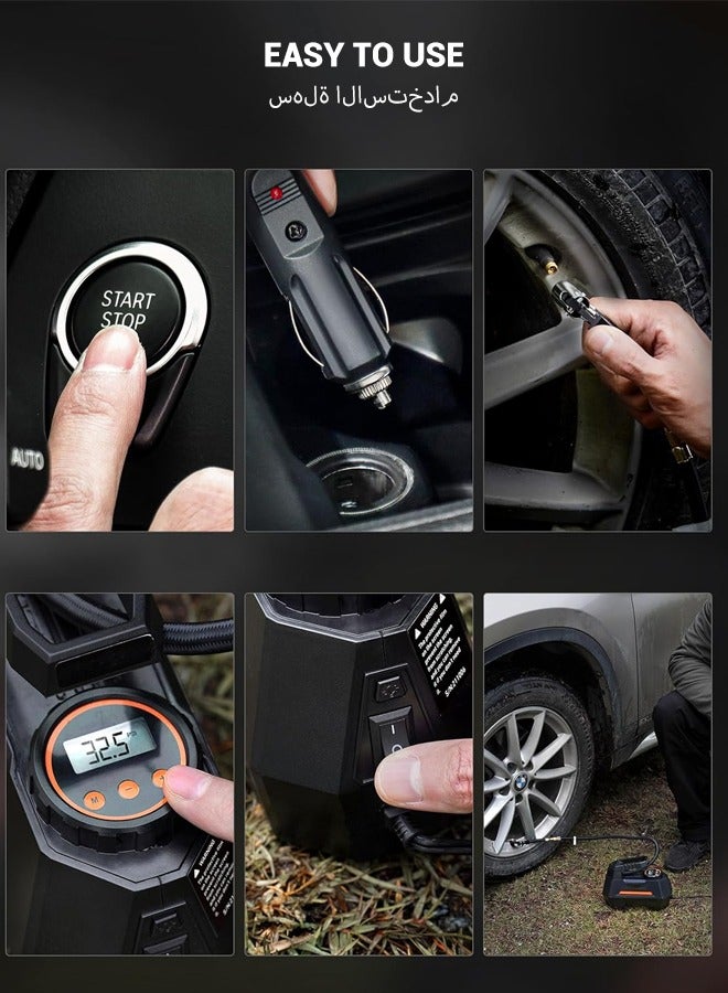 Tyre Inflator Air Compressor 12V, Portable Electric Car Tyre Pump with Tyre Pressure Gauge, Auto-Stop Car Air Pump with Valve Adaptors and LED Light, Car Accessories, Black