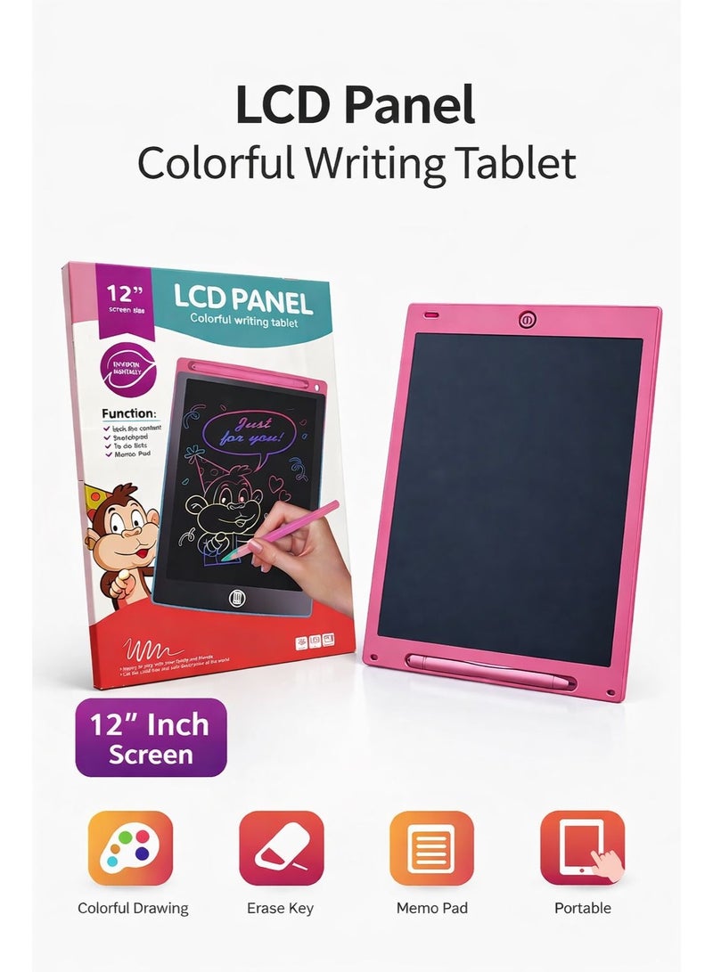 Fikriyah | Pink 12 Inch LCD Writing Tablet | Reusable Digital Drawing Pad with Stylus and Erase Button, Portable Writing Board for Kids & Adults