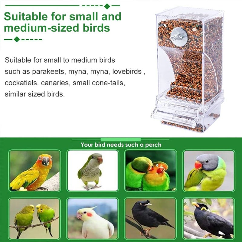 Qpets® ® Bird Feeder for Cage, Birds Food Feeder Birds Cage Parrot Seed Feeders with Perch, Acrylic Transparent Seed Food Container Cages for Lovebirds Parakeets - 3.35 * 2.95 * 7.28 inches - Image 5