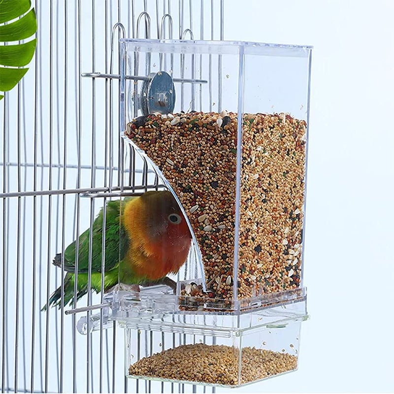 Qpets® ® Bird Feeder for Cage, Birds Food Feeder Birds Cage Parrot Seed Feeders with Perch, Acrylic Transparent Seed Food Container Cages for Lovebirds Parakeets - 3.35 * 2.95 * 7.28 inches - Image 2