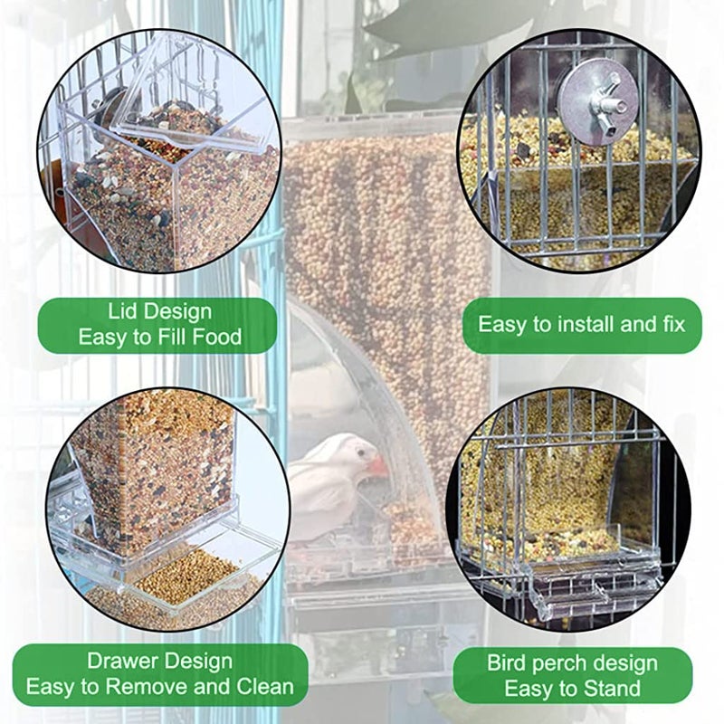 Qpets® ® Bird Feeder for Cage, Birds Food Feeder Birds Cage Parrot Seed Feeders with Perch, Acrylic Transparent Seed Food Container Cages for Lovebirds Parakeets - 3.35 * 2.95 * 7.28 inches - Image 3