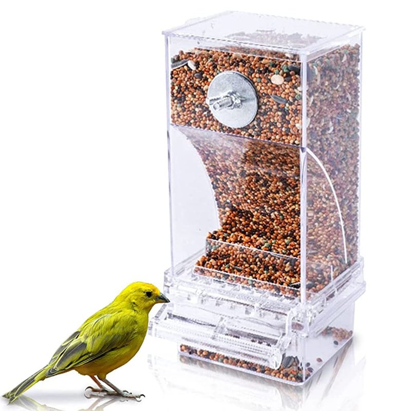 Qpets® ® Bird Feeder for Cage, Birds Food Feeder Birds Cage Parrot Seed Feeders with Perch, Acrylic Transparent Seed Food Container Cages for Lovebirds Parakeets - 3.35 * 2.95 * 7.28 inches - Image 1