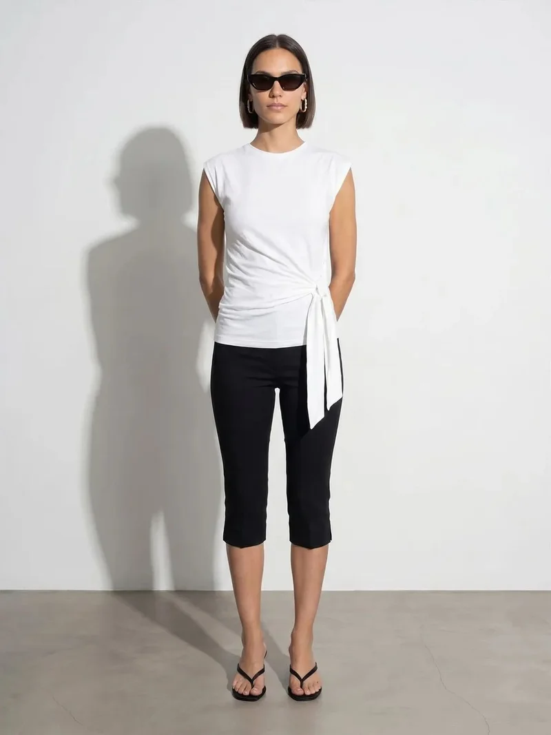 Dilvin Dilvin Women's Sleeveless Cotton Crew Neck T-Shirt with Tie Detail