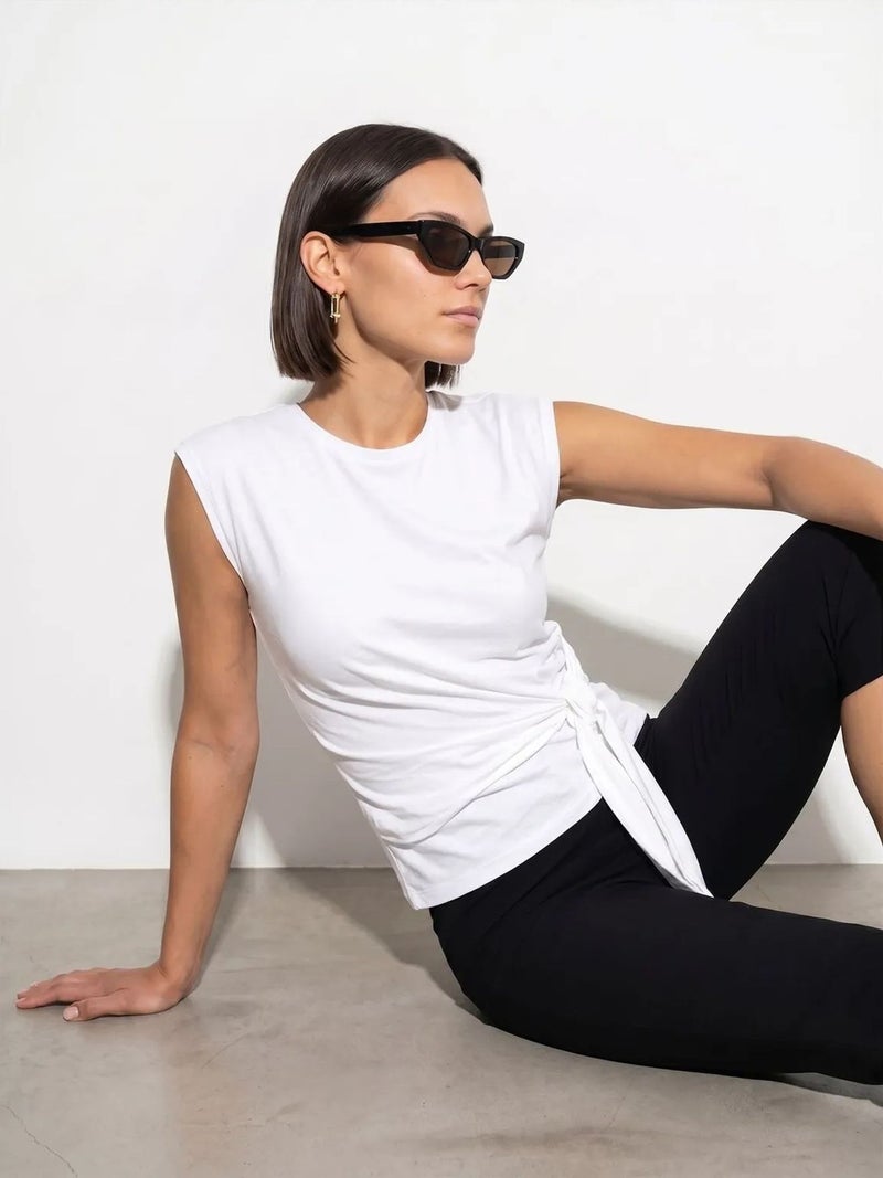 DILVIN Women's Sleeveless Cotton Crew Neck T-Shirt with Tie Detail - Image 3
