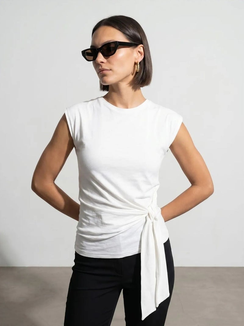 DILVIN Women's Sleeveless Cotton Crew Neck T-Shirt with Tie Detail - Image 4